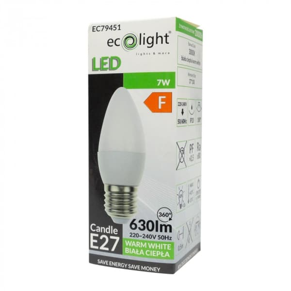 Flimmerfri LED-pære, stearinlys E27 7W 3000K 630lm Ecolight