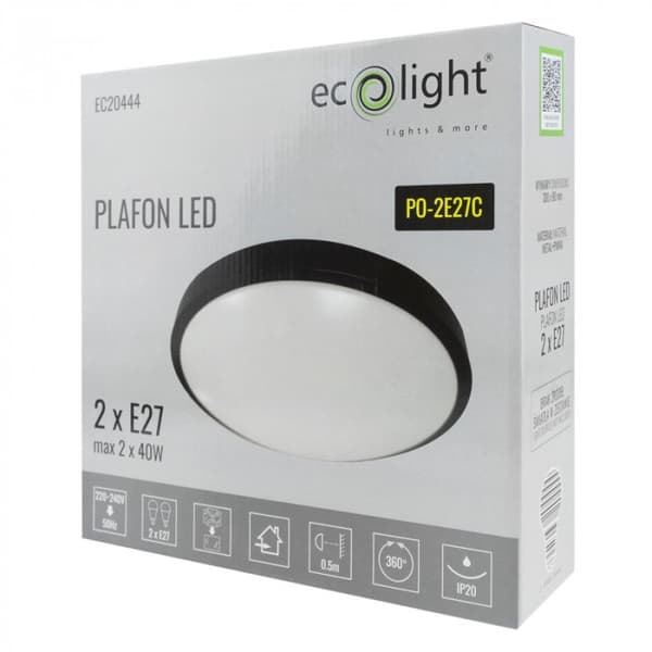Pyöreä musta kattovalaisin 2 x E27 40W LED EC20444 Ecolight