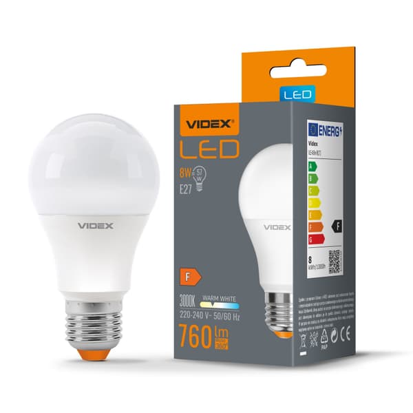 Pære, hvid, A60, 8W, E27, varm, 760lm, 3000K, Videx