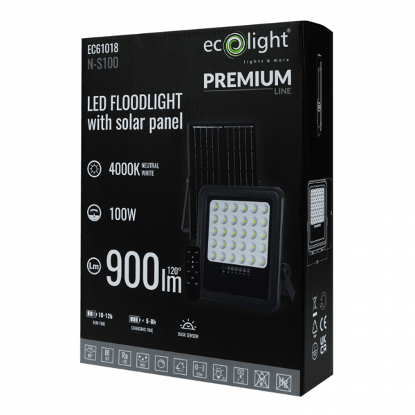 LED-strålkastare 100W grå halogen med solpanel fjärrkontroll skymningssensor Ecolight