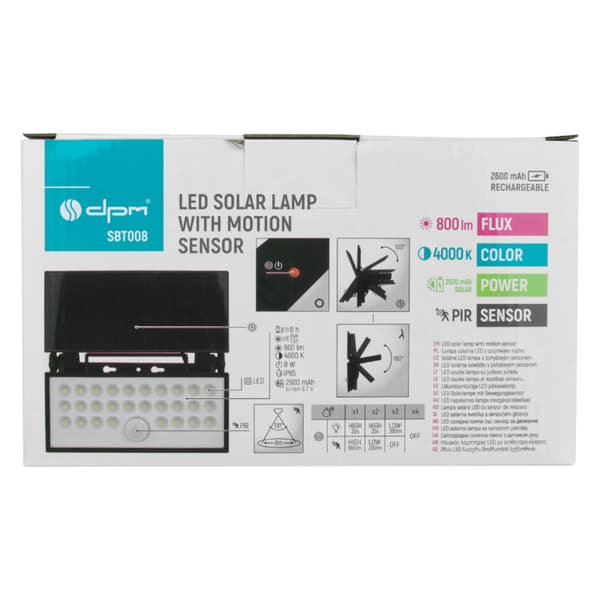 8W LED solcellelampe med bevægelsessensor sort IP65 DPM