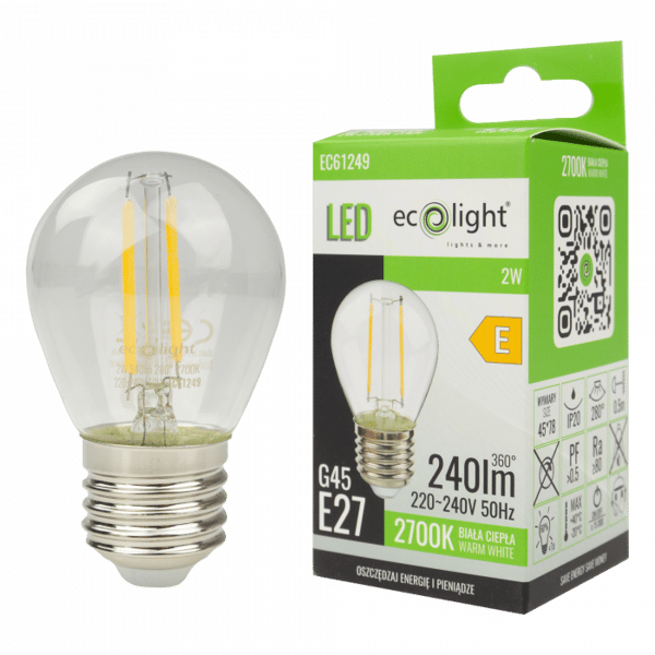 Flimmerfri LED-filamentpære, kugleformet G45 2W E27 2700K 240lm Ecolight
