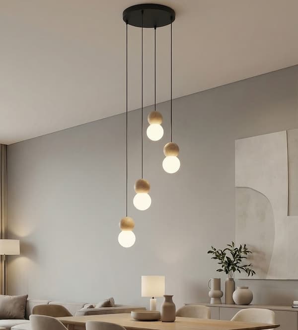 Pendellampe moderne sort-hvid træ- og glaskugler 4xG9 8W LOOP Emibig