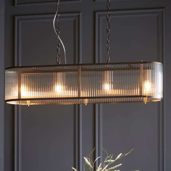 Art deco aflang antik messing rillet pendel 4xE14 6W RIDGETON Endon