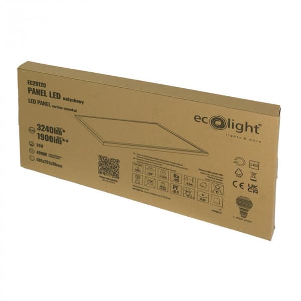 Rektangulär LED-panel 59.5x29.5 cm LED 24W Ytmonterad EC20120 Ecolight
