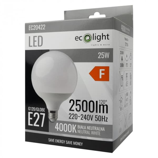 LED-pære hvid kugleformet E27 25W neutral 2500lm GLOBE Ecolight