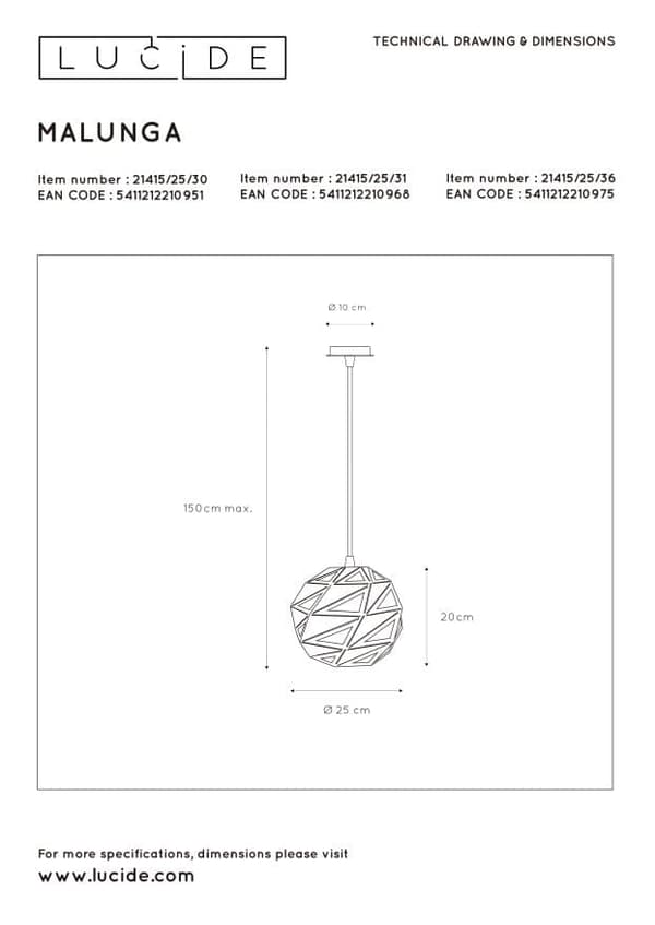 Lucide Pendellampe E27 60W MALUNGA 21415/25/31