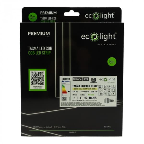 LED-list COB 480 7W/m 3000K IP20 12V 5mm 5m dimbar Ecolight