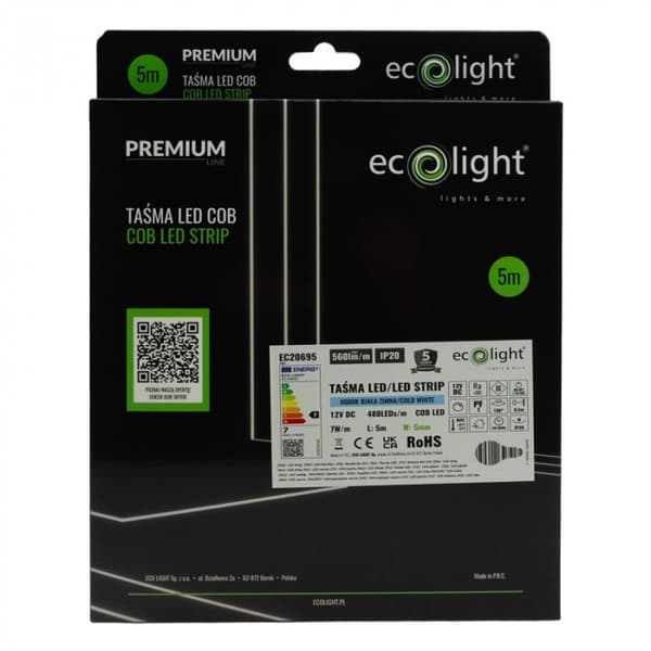 LED-list COB 480 7W/m 6000K IP20 12V 5mm 5m dimbar Ecolight