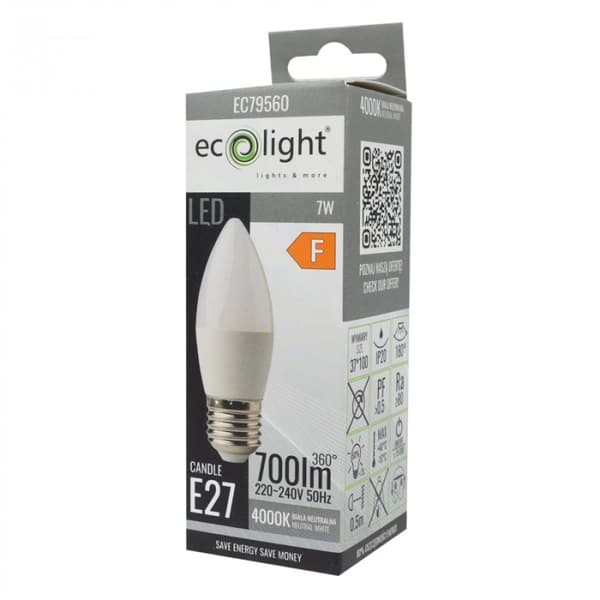 Flimmerfri LED-pære, stearinlys E27 7W 4000K 630lm Ecolight