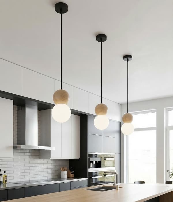 Pendellampe moderne sort-hvid træ og glaskugle 1xG9 8W LOOP Emibig