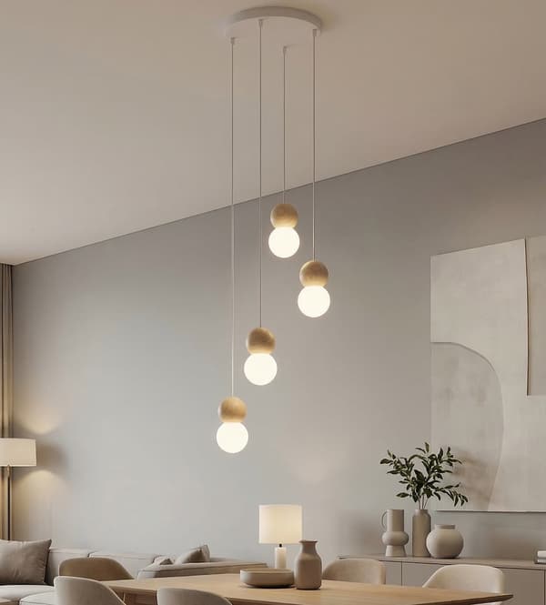 Hänglampa modern vit-beige trä- och glaskulor 4xG9 8W LOOP Emibig