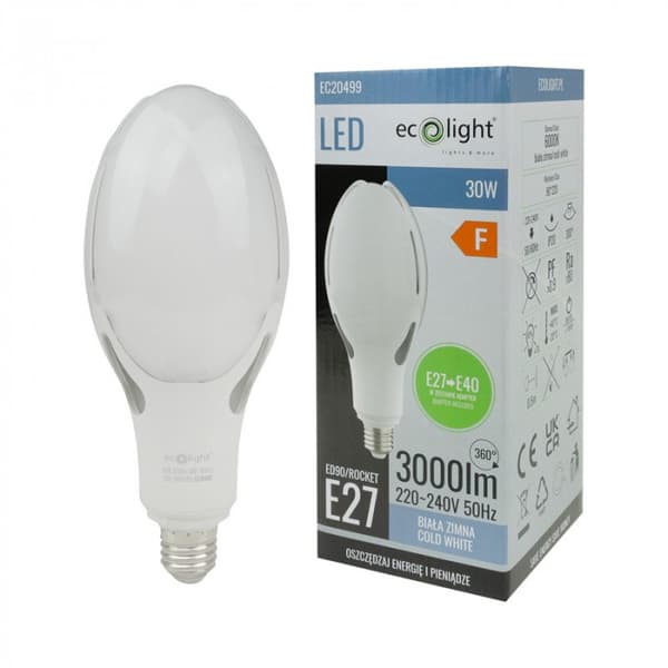 LED-katuvalolamppu erittäin tehokas E27 30W 6000K 3000lm E27 / E40 Ecolight
