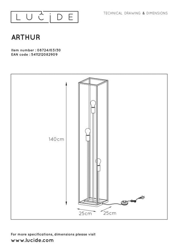 Lucide E27 40W ARTHUR gulvlampe 08724/03/30
