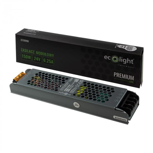Strømforsyning til LED-strip modulær slank transformer PREMIUM 150W 24V IP20 Ecolight