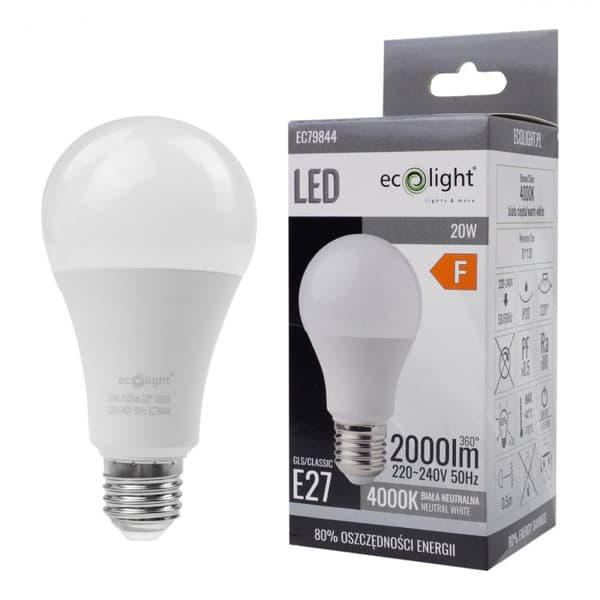 E27 LED pære 20W hvid kugleformet neutral lysfarve 2000lm Ecolight