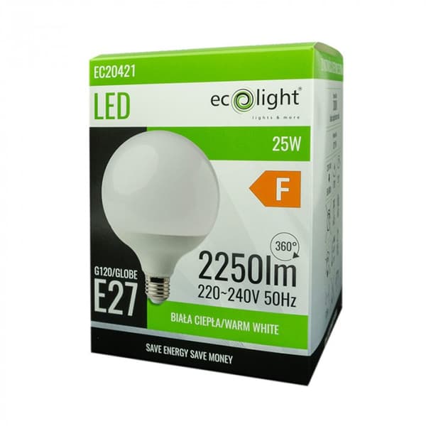 LED pære kugleformet kraftig E27 25W 3000K 2250lm Ecolight