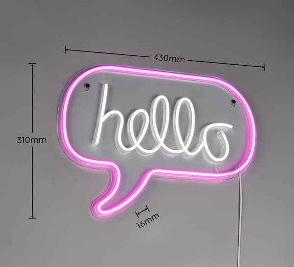 Væglampe neon lyserød-grå skytekst USB-C LED 5W HELLO RL
