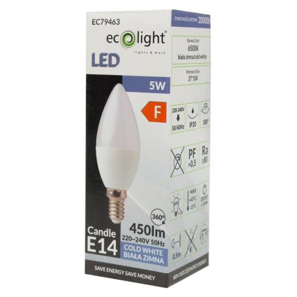 Välkkymätön LED-kynttilälamppu E14 5W 6500K 450lm Ecolight
