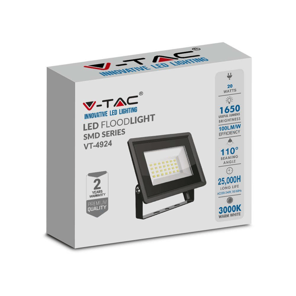 V-TAC 20W LED halogenprojektør Sort VT-4924 neutral 1650lm