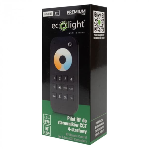 RT7 RF LED-båndfjernbetjening til CCT-controllere 4-zoners touch sort Ecolight