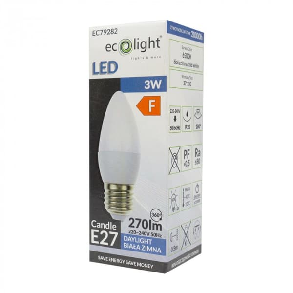Ecolight välkkymätön LED-kynttilälamppu E27 3W 6500K 270lm