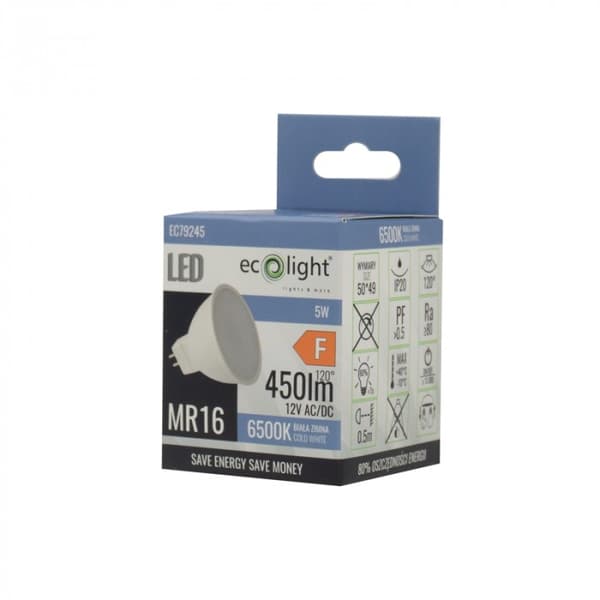 Välkkymätön LED-lamppu MR16 5W 12V 6500K 400lm Ecolight