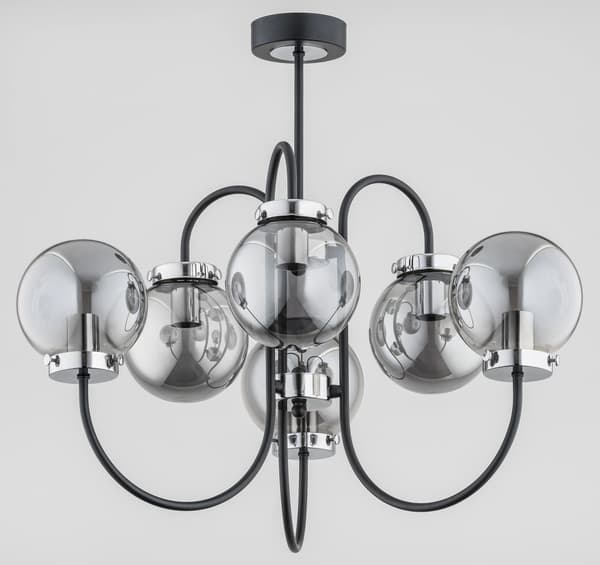 Moderne lysekrone sort-sølv-grafit glaskugler 6xE14 10W MIDAS Alfa