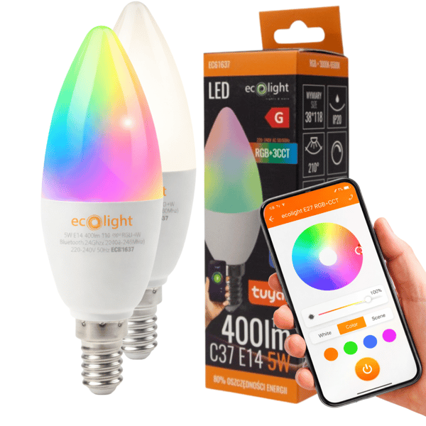 SMART dæmpbar LED-pære E14 C37 5W 400lm RGB+CCT Tuya Bluetooth Ecolight