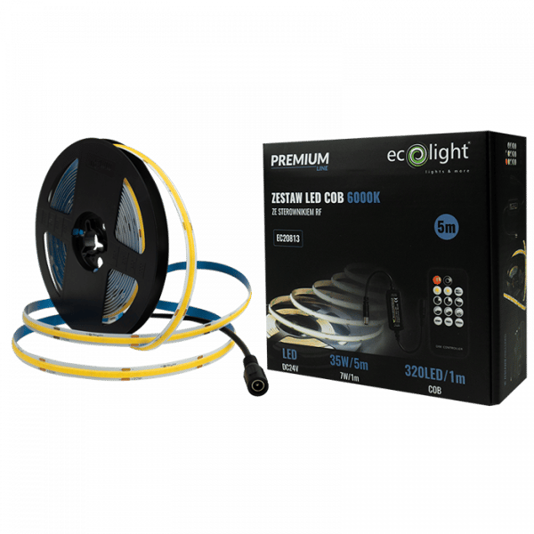 LED-strip 320 COB 24V IP20 6000K 5m dæmpbar sæt med controller og strømforsyning Ecolight