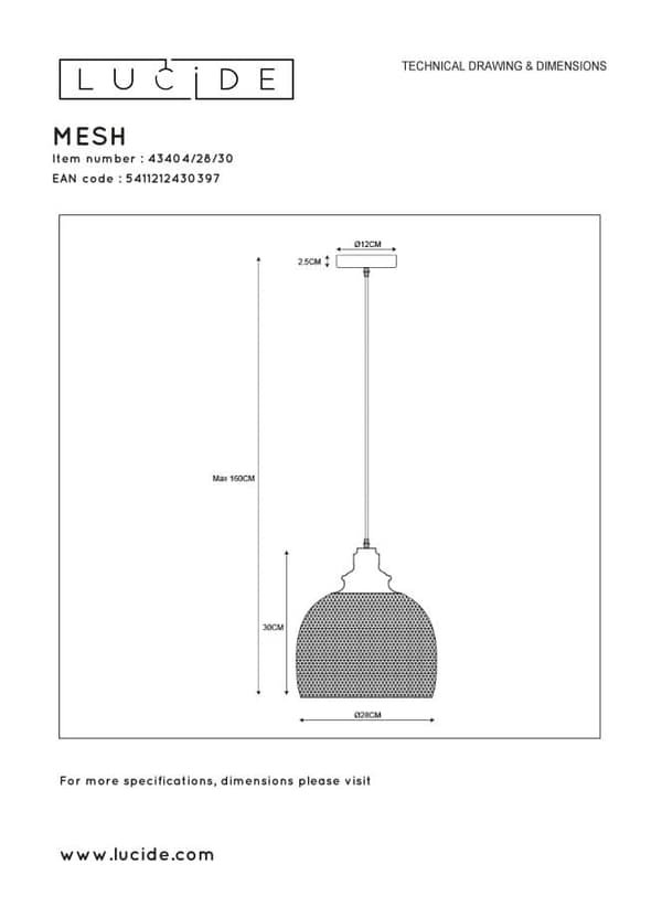 Lucide E27 60W MESH Pendellampe 43404/28/30