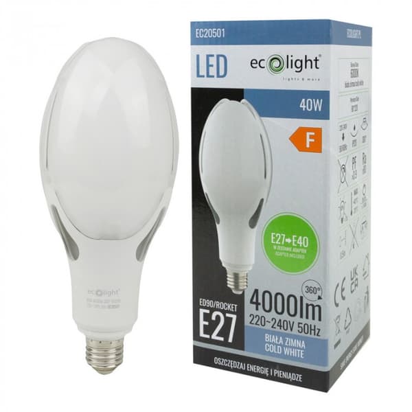 LED-katuvalolamppu erittäin tehokas E27 40W 6000K 4000lm E27 / E40 Ecolight