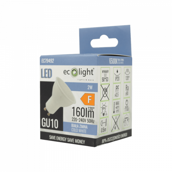 Välkkymätön LED-kohdelamppu GU10 2W 6500K 180lm Ecolight