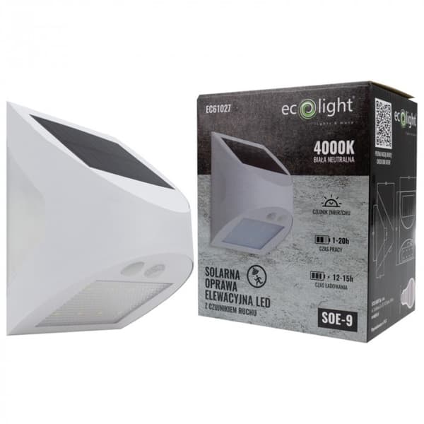 LED 3W 4000K hvid facade solcellelampe PIR og skumringssensor Ecolight