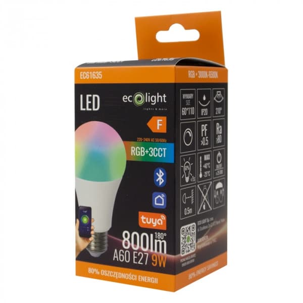 SMART dæmpbar kugleformet LED-pære E27 A60 9W 800lm RGB+CCT Tuya Bluetooth Ecolight