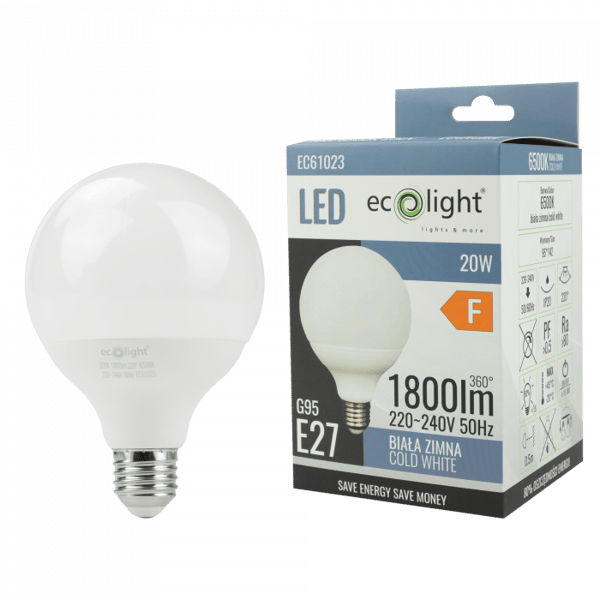 LED-pallolamppu tehokas G95 E27 20W 6500K Ecolight