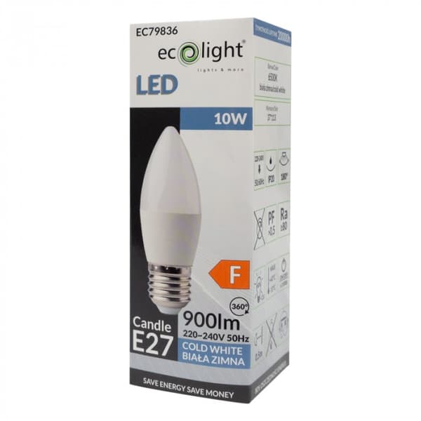 Ecolight välkkymätön LED-kynttilälamppu E27 10W 6500K 900lm