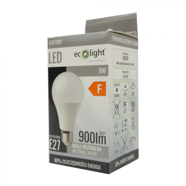 Ecolight välkkymätön LED-pallolamppu E27 9W 4000K 900lm