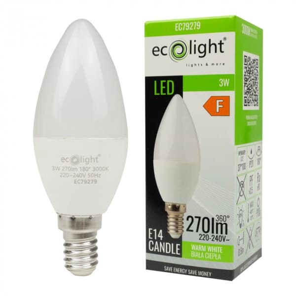 Ecolight välkkymätön LED-kynttilälamppu E14 3W 3000K 270lm