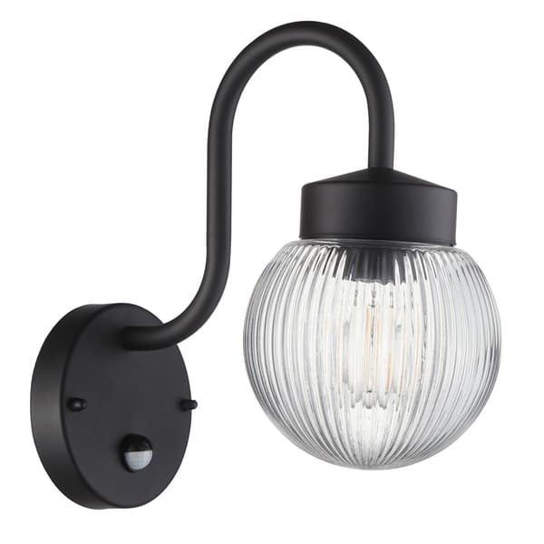 Ulkoseinävalaisin PIR-anturilla, musta, uurrettu lasipallo 1xE27 10W ELDON Endon