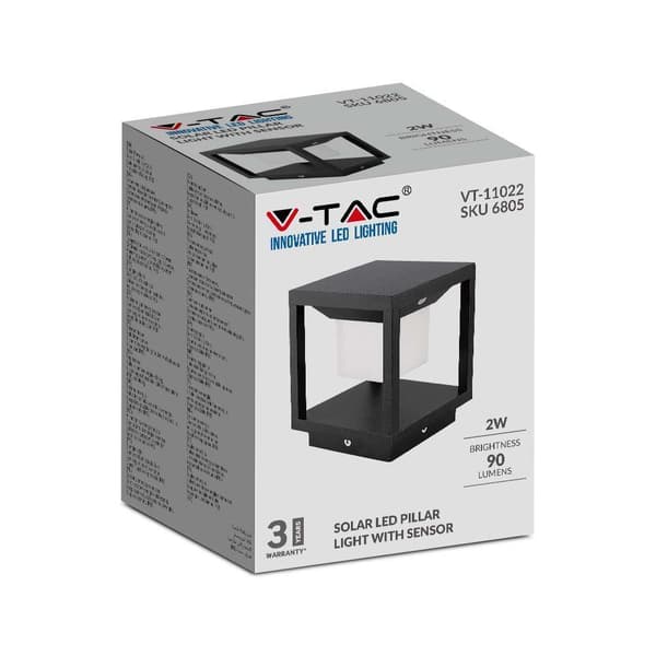 V-TAC 2W LED Sort IP65 Solar Havelampe med Sensor VT-11022-B 90lm