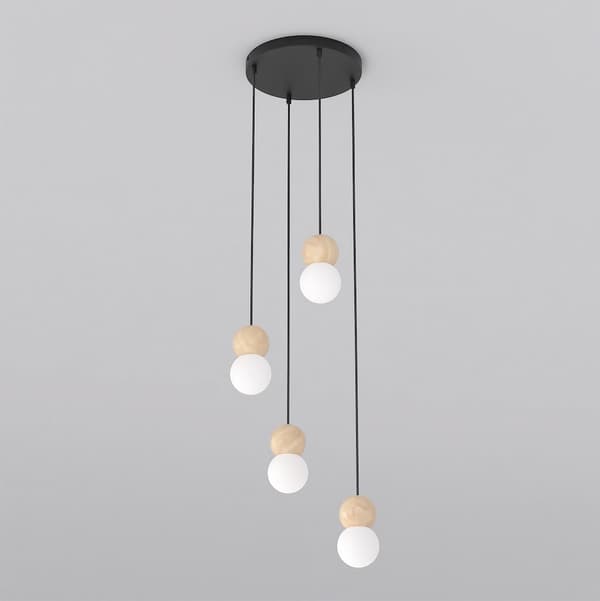 Pendellampe moderne sort-hvid træ- og glaskugler 4xG9 8W LOOP Emibig