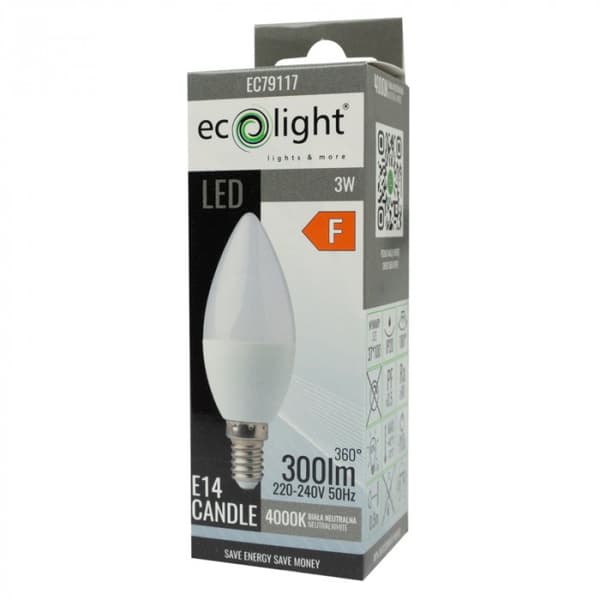 Välkkymätön LED-kynttilälamppu E14 3W 4000K 270lm Ecolight