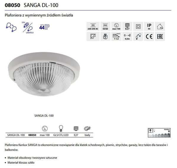 Kanlux loftlampe SANGA serie model 8050 IP44