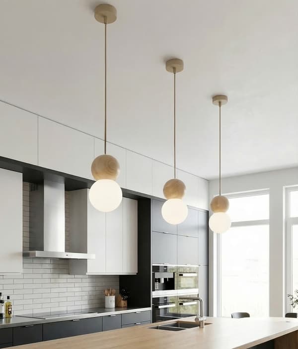 Hänglampa modern beige-vit trä och glaskula 1xG9 8W LOOP Emibig