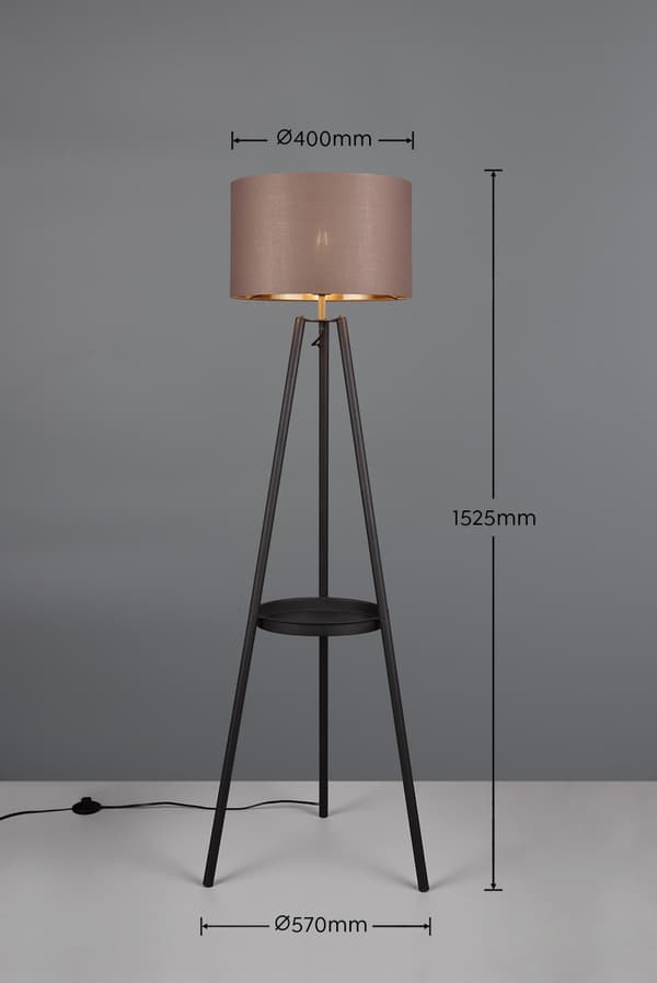Klassisk sort-grå gulvlampe trefod med hylde 1xE27 60W COLETTE RL