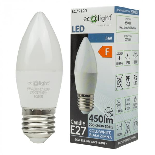 Ecolight välkkymätön LED-kynttilälamppu E27 5W 6500K 450lm
