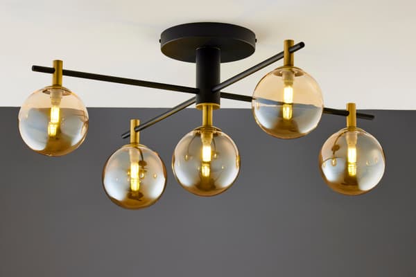 Moderne sort-guld loftlampe med ravfarvede glaskugler 5xG9 14W FIGARO Jupiter