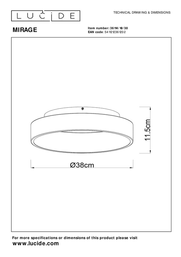 Loftlampe 38 cm LED 22W sort rund MIRAGE Lucide