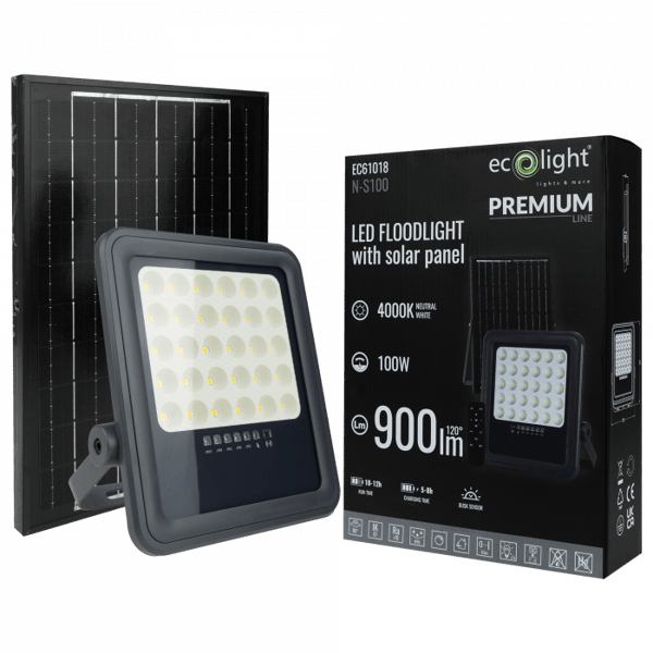 LED-strålkastare 100W grå halogen med solpanel fjärrkontroll skymningssensor Ecolight